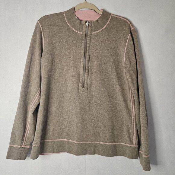 TOMMY BAHAMA Brown Reversible Half Zip Sz M Long Sleeve Pink Trim Women - Picture 1 of 8
